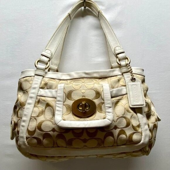 Coach Cricket 13604 Cream Tan Signature Shoulder Bag Purse Leather Trim TurnLock - Picture 15 of 15